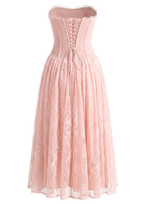 Strapless Butterfly Lace Corset Maxi Dress Pink