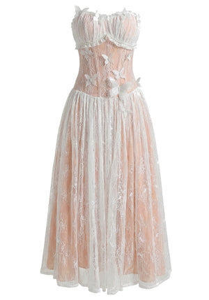 Strapless Butterfly Lace Corset Maxi Dress White