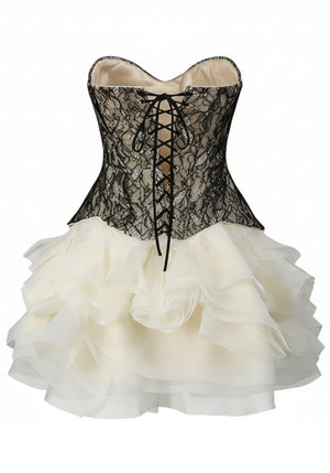 Strapless Lace Corset Ruffle Two Piece Dress Black Ivory