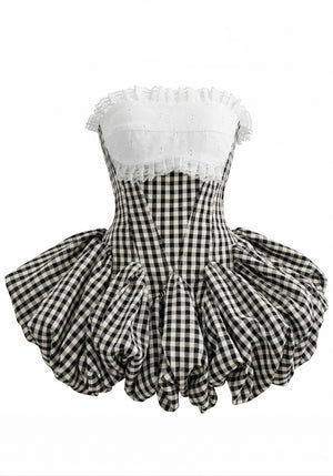 Strapless Lace Gingham Bubble Dress Black