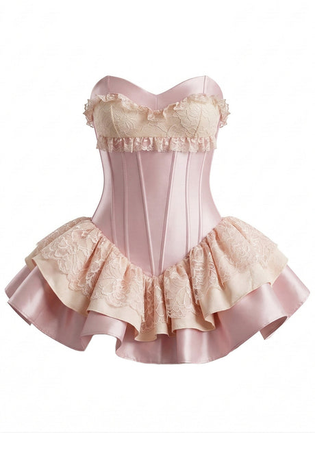 Strapless Lace Ruffle Corset Dress Pink