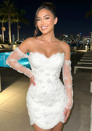 Strapless Pearl Bustier Dress White
