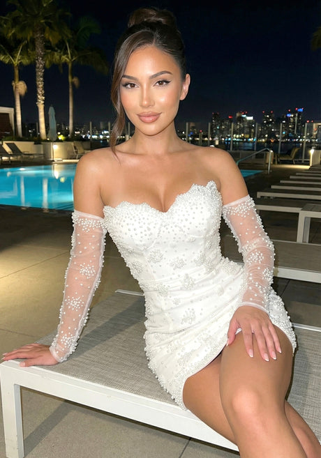 Strapless Pearl Bustier Dress White