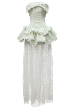Strapless Peplum Lace Maxi Dress Green White