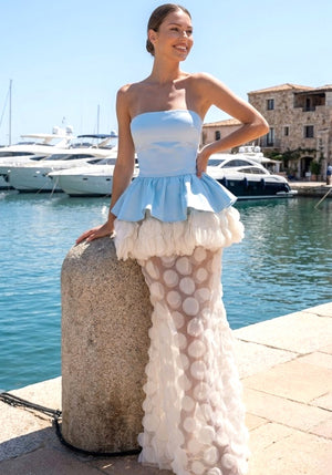 Strapless Floral Peplum Maxi Dress Light Blue Ivory