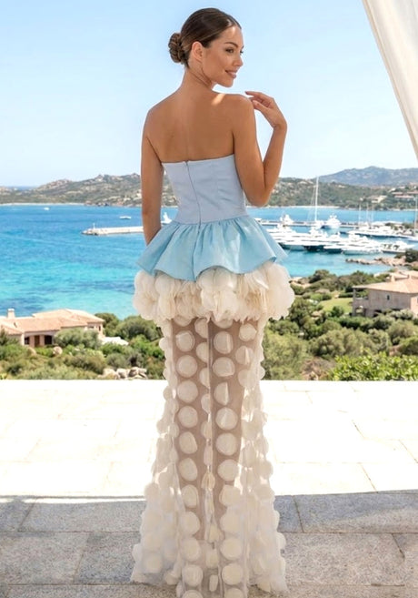 Strapless Floral Peplum Maxi Dress Light Blue Ivory