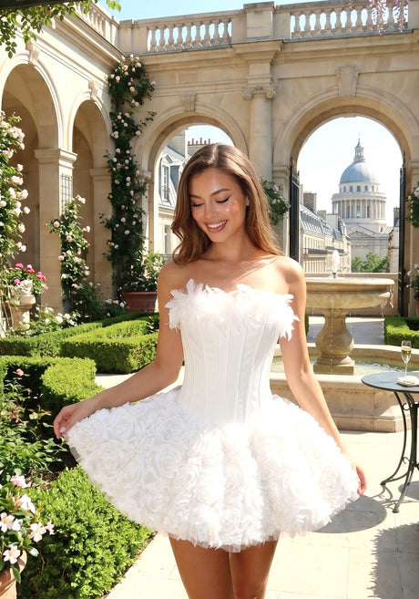 Strapless Petal Floral Corset A Line Dress White