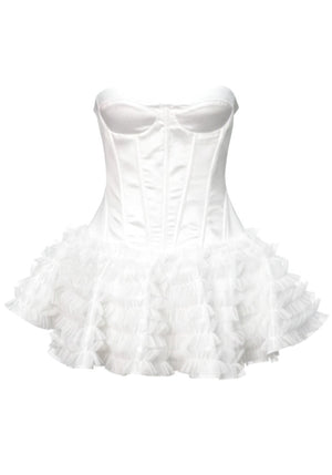 Strapless Ruffle Corset Skater Dress White
