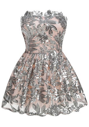 Strapless Floral Sequin A Line Corset Dress Silver