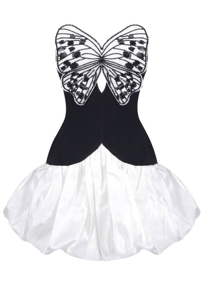Strapless Sequin Butterfly Puff Dress Black White