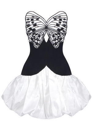 Strapless Sequin Butterfly Puff Dress Black White