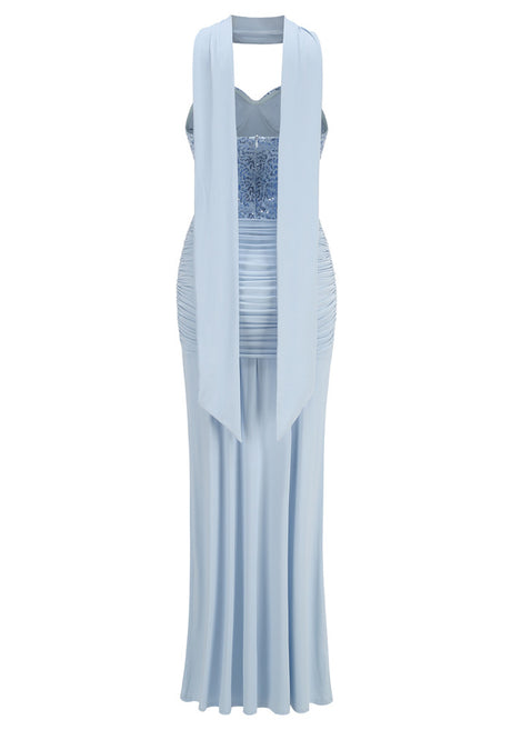 Strapless Sequin Draped Maxi Dress Blue