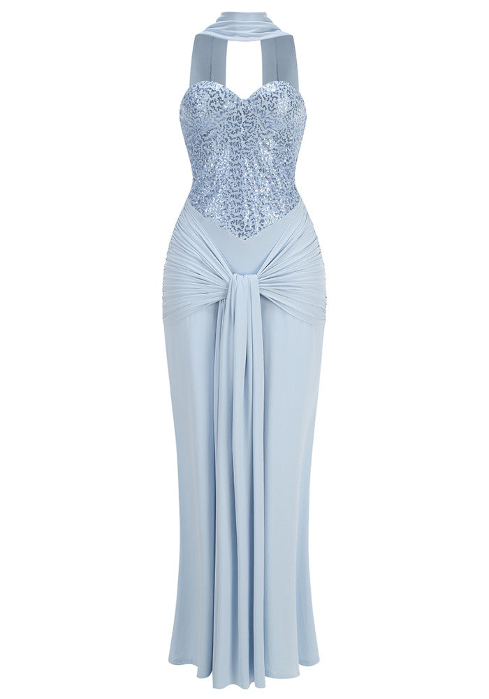 Strapless Sequin Draped Maxi Dress Blue