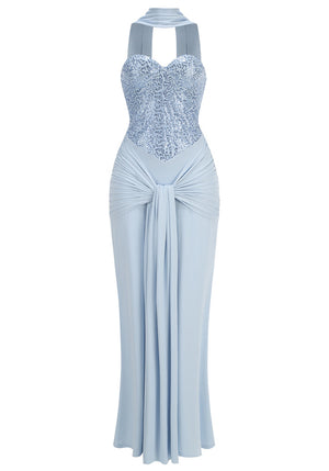 Strapless Sequin Draped Maxi Dress Blue