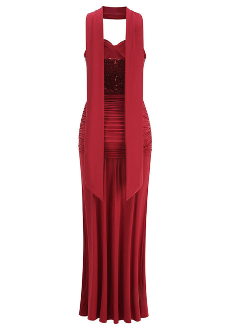 Strapless Sequin Draped Maxi Dress Red