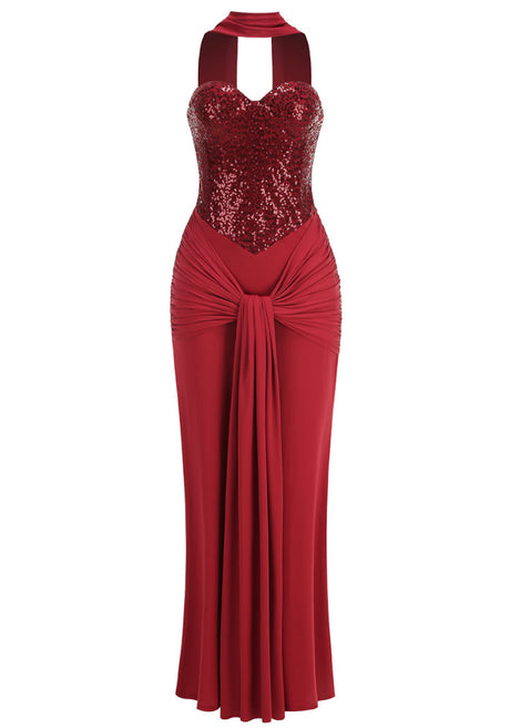 Strapless Sequin Draped Maxi Dress Red