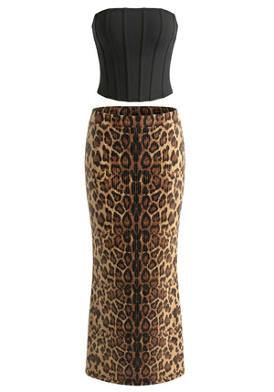 Strapless Sequin Two Piece Maxi Dress Black Animal Print