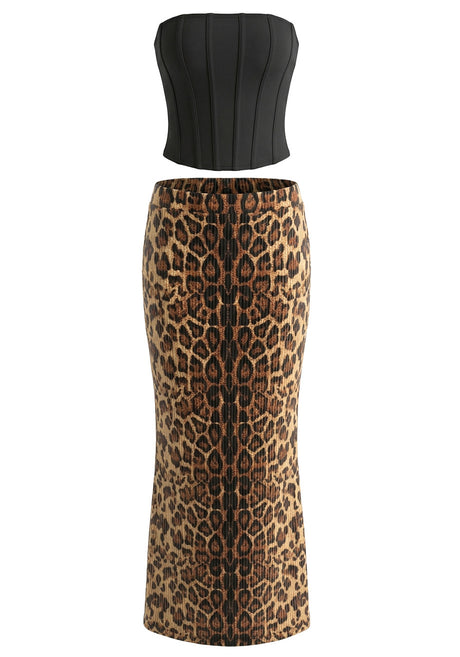 Strapless Sequin Two Piece Maxi Dress Black Animal Print