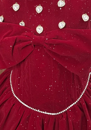 Strapless Sparkly Corset Bubble Velvet Dress Red