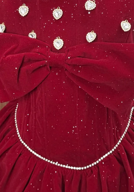 Strapless Sparkly Corset Bubble Velvet Dress Red