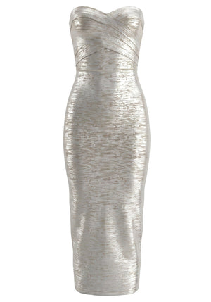 Strapless Woodgrain Foil Print Midi Dress Silver