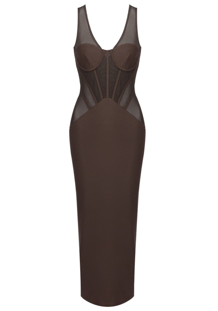 Structured Mesh Insert Maxi Dress Brown