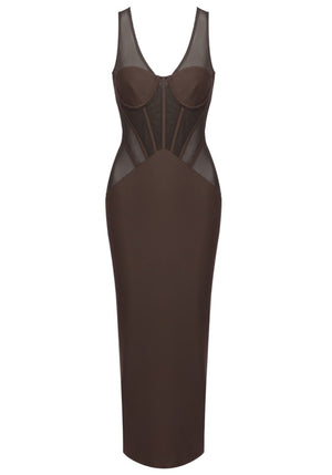Structured Mesh Insert Maxi Dress Brown