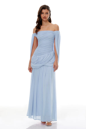 Aurohaya Suné Blue Cross Front Ruched Maxi Dress