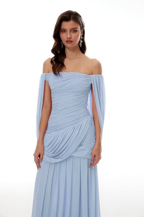 Aurohaya Suné Blue Cross Front Ruched Maxi Dress