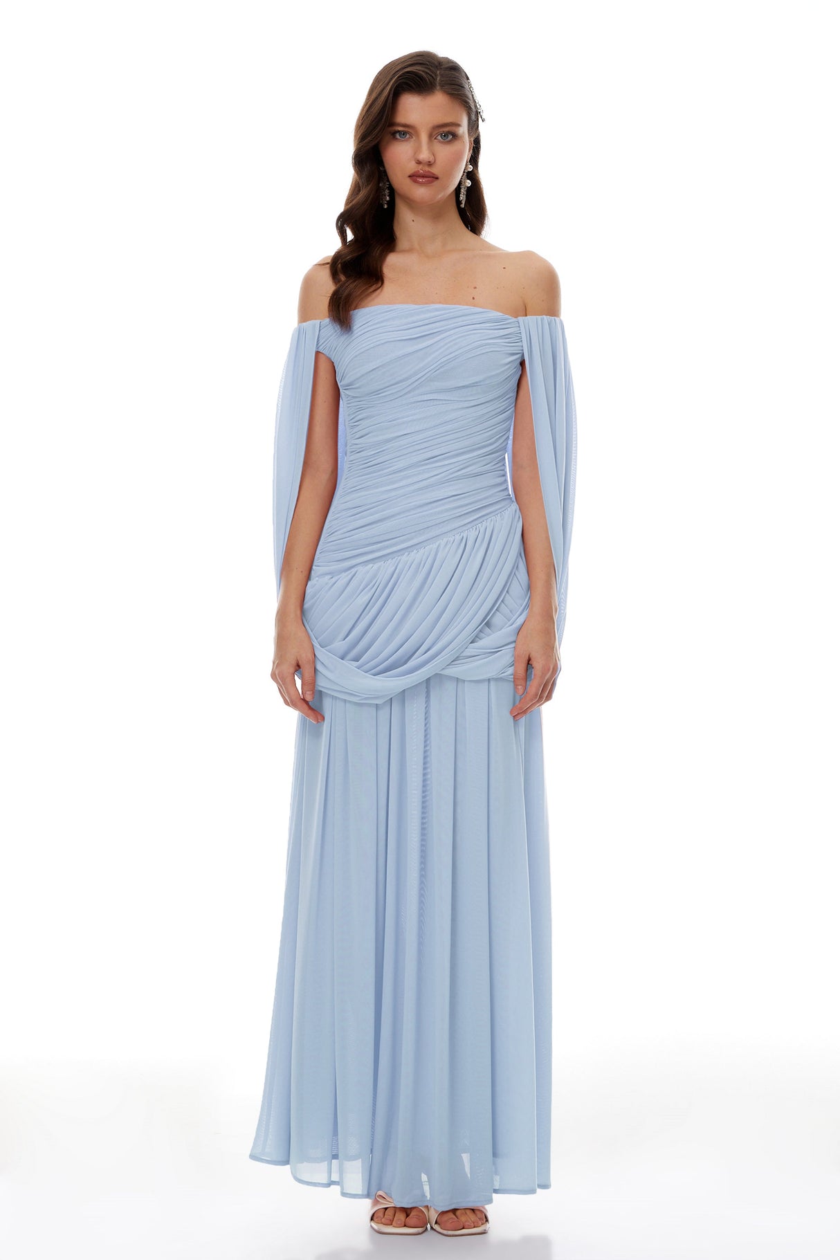 Aurohaya Suné Blue Cross Front Ruched Maxi Dress