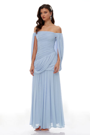 Aurohaya Suné Blue Cross Front Ruched Maxi Dress