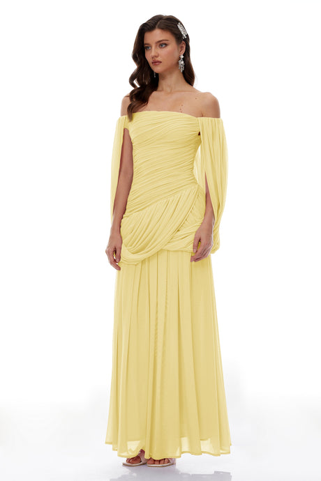 Aurohaya Suné Yellow Cross Front Ruched Maxi Dress
