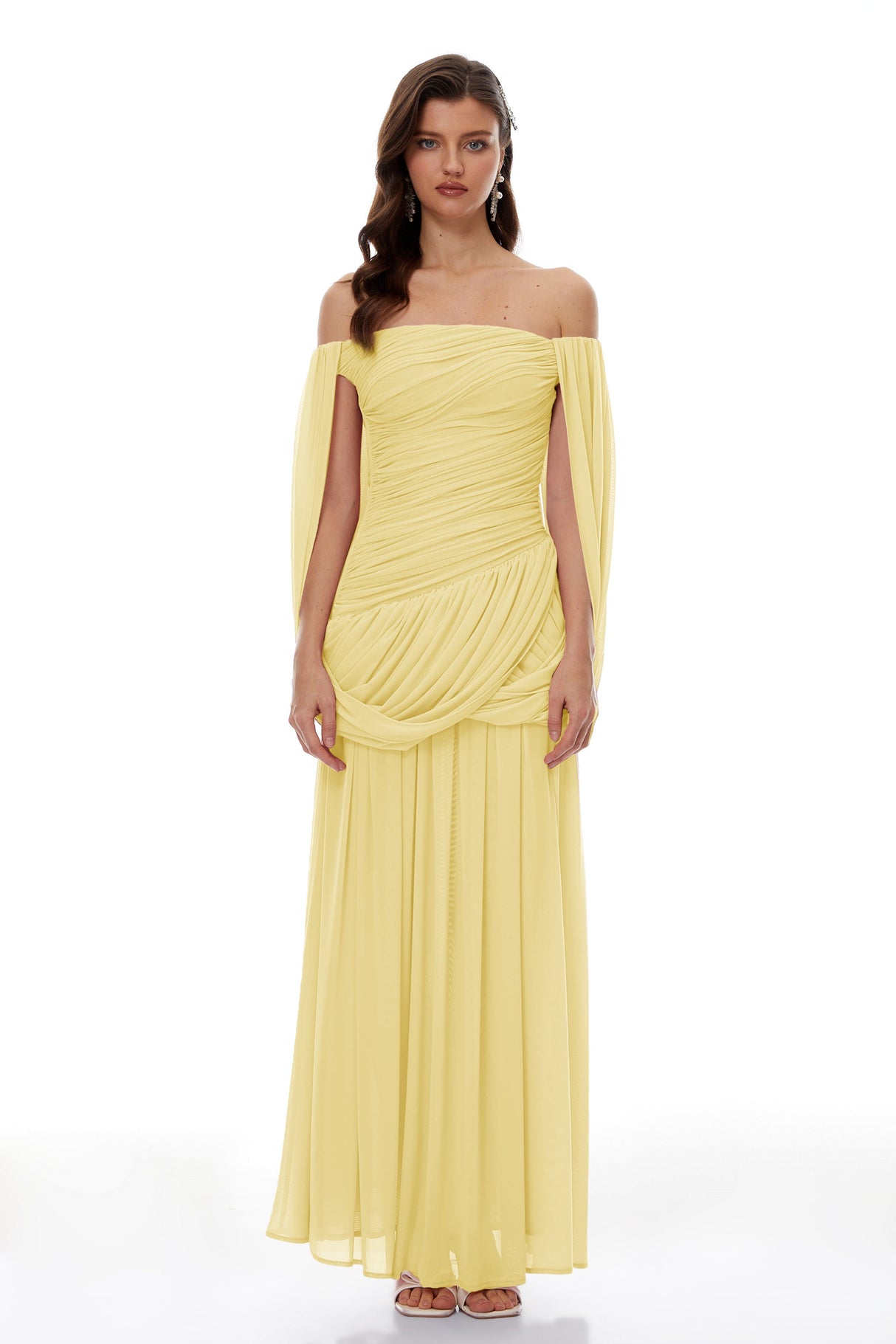 Aurohaya Suné Yellow Cross Front Ruched Maxi Dress