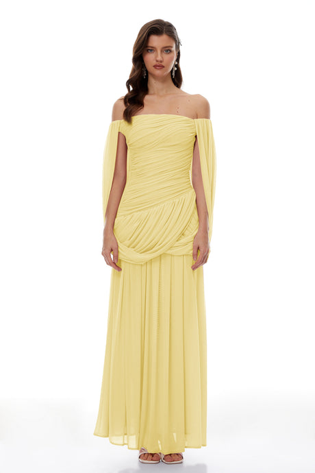 Aurohaya Suné Yellow Cross Front Ruched Maxi Dress