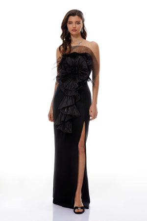 Aurohaya Susanne Black 3D Petal Ruffled Maxi Dress