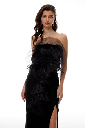 Aurohaya Susanne Black 3D Petal Ruffled Maxi Dress