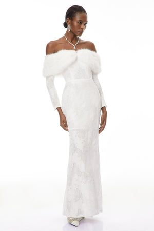 Aurohaya Susanne White Fur Trim Floral Lace Maxi Dress
