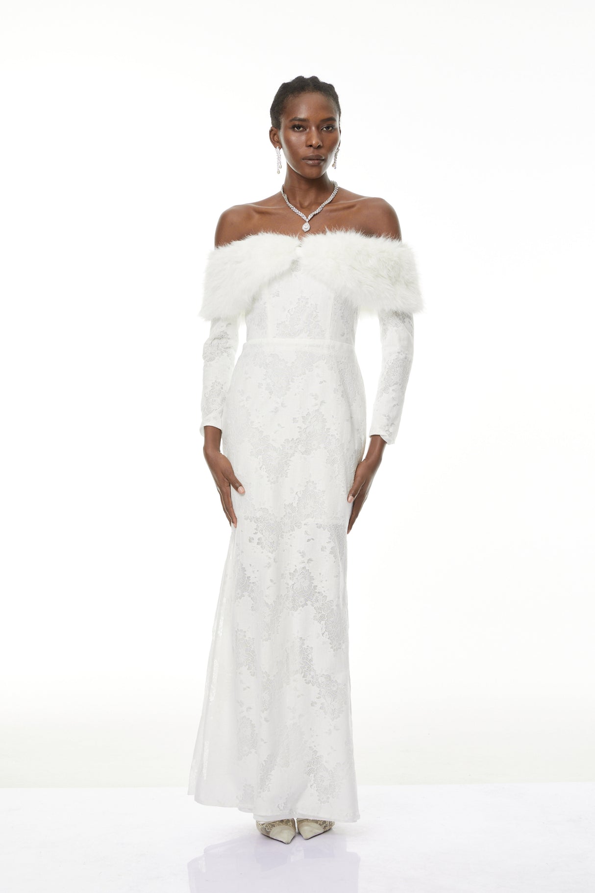 Aurohaya Susanne White Fur Trim Floral Lace Maxi Dress