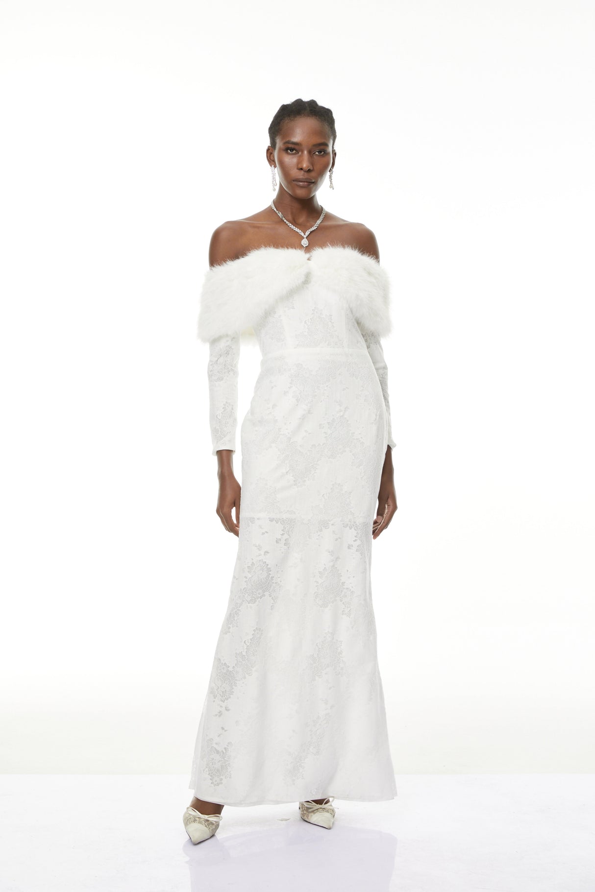 Aurohaya Susanne White Fur Trim Floral Lace Maxi Dress