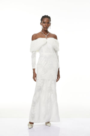 Aurohaya Susanne White Fur Trim Floral Lace Maxi Dress