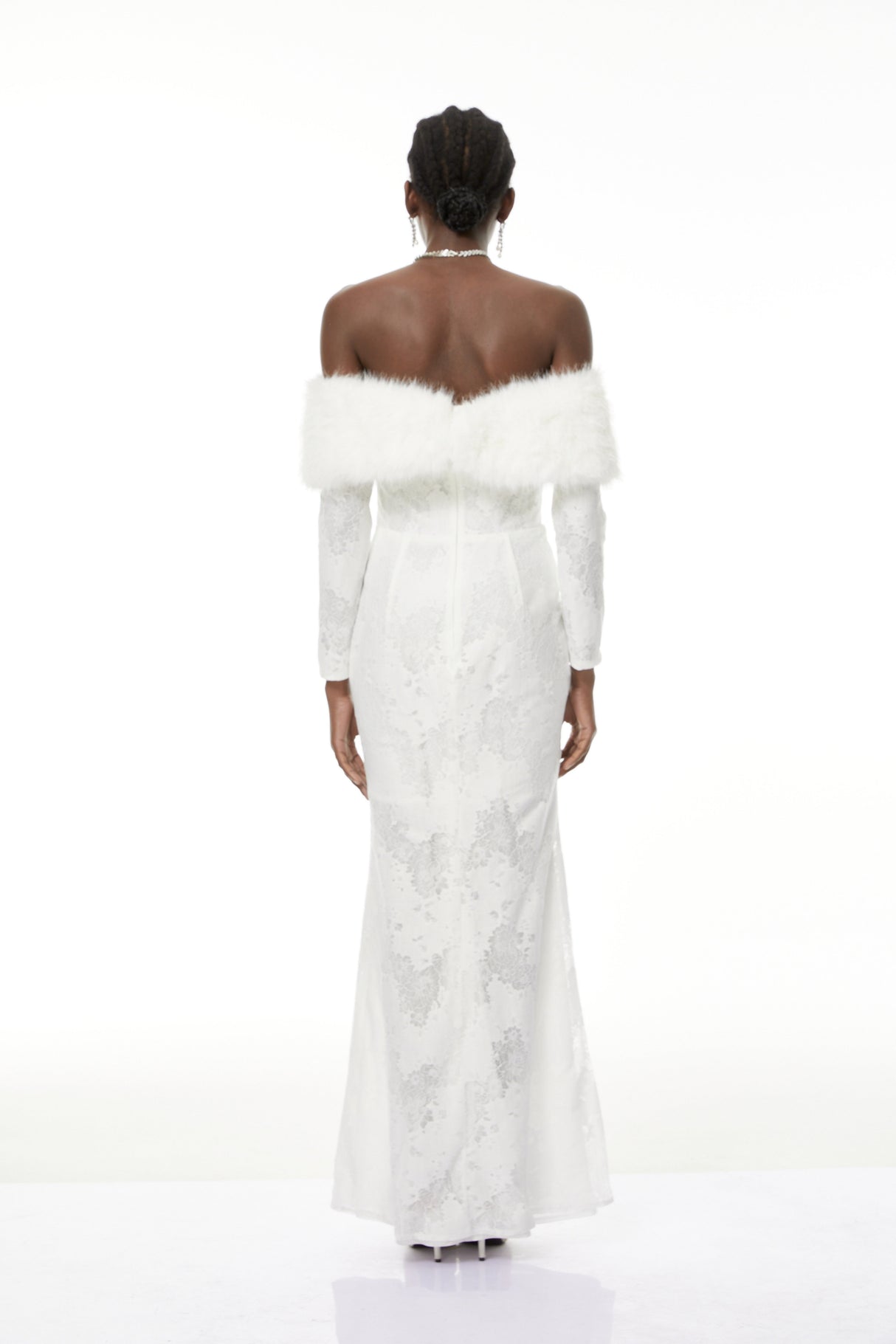 Aurohaya Susanne White Fur Trim Floral Lace Maxi Dress