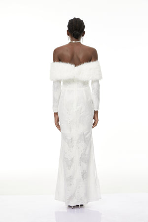 Aurohaya Susanne White Fur Trim Floral Lace Maxi Dress