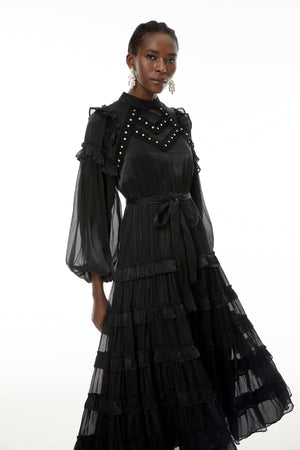 Aurohaya Suzanne Black Ruffled Tiered Maxi Dress