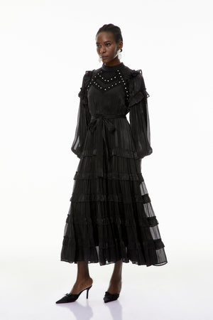 Aurohaya Suzanne Black Ruffled Tiered Maxi Dress