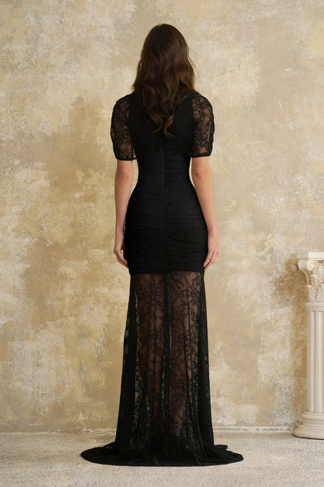 Aurohaya Sylphe Black Asymmetrical Ruched Mesh Maxi Dress