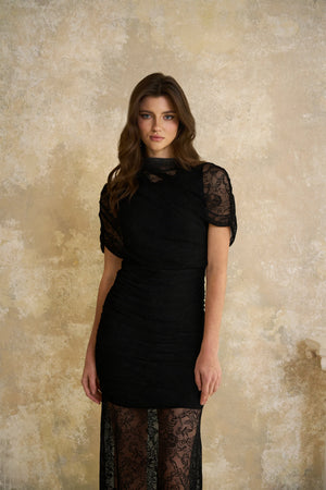Aurohaya Sylphe Black Asymmetrical Ruched Mesh Maxi Dress