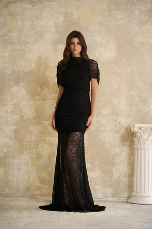 Aurohaya Sylphe Black Asymmetrical Ruched Mesh Maxi Dress
