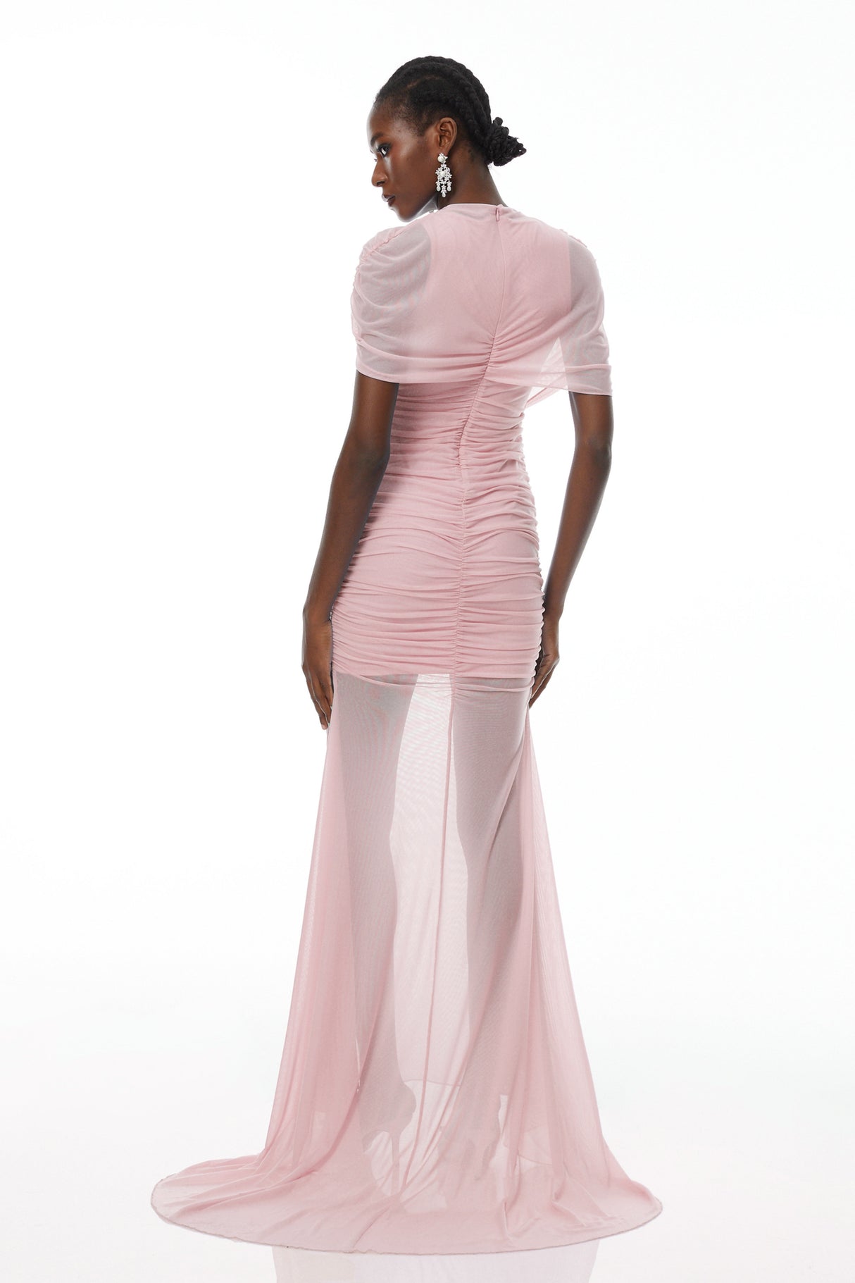 Aurohaya Sylphe Pink Asymmetrical Ruched Mesh Maxi Dress