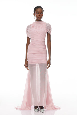 Aurohaya Sylphe Pink Asymmetrical Ruched Mesh Maxi Dress