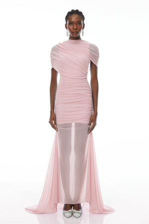 Aurohaya Sylphe Pink Asymmetrical Ruched Mesh Maxi Dress